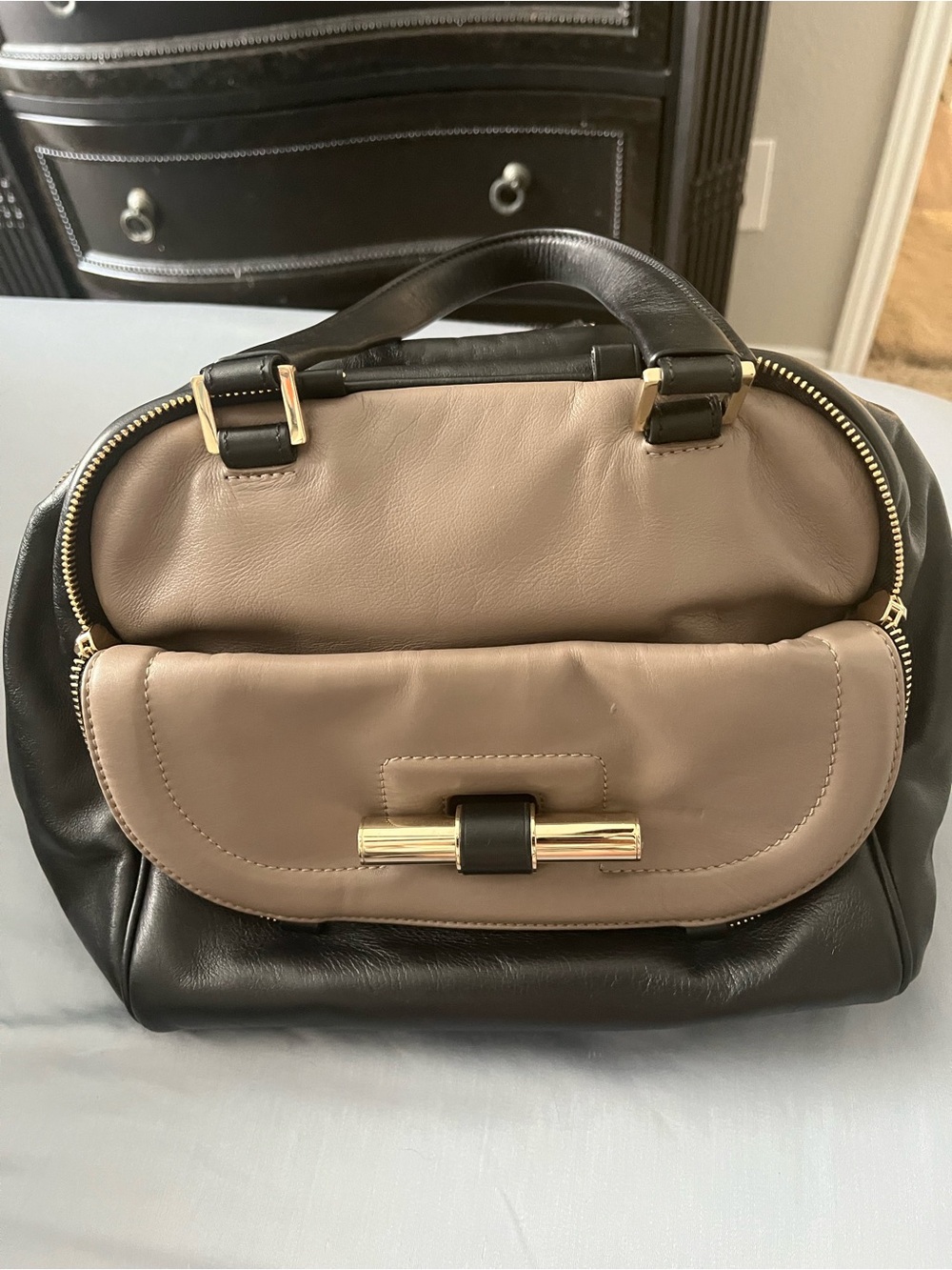 Two-Tone Black and Taupe Leather Satchel - Chic Women's Handbag